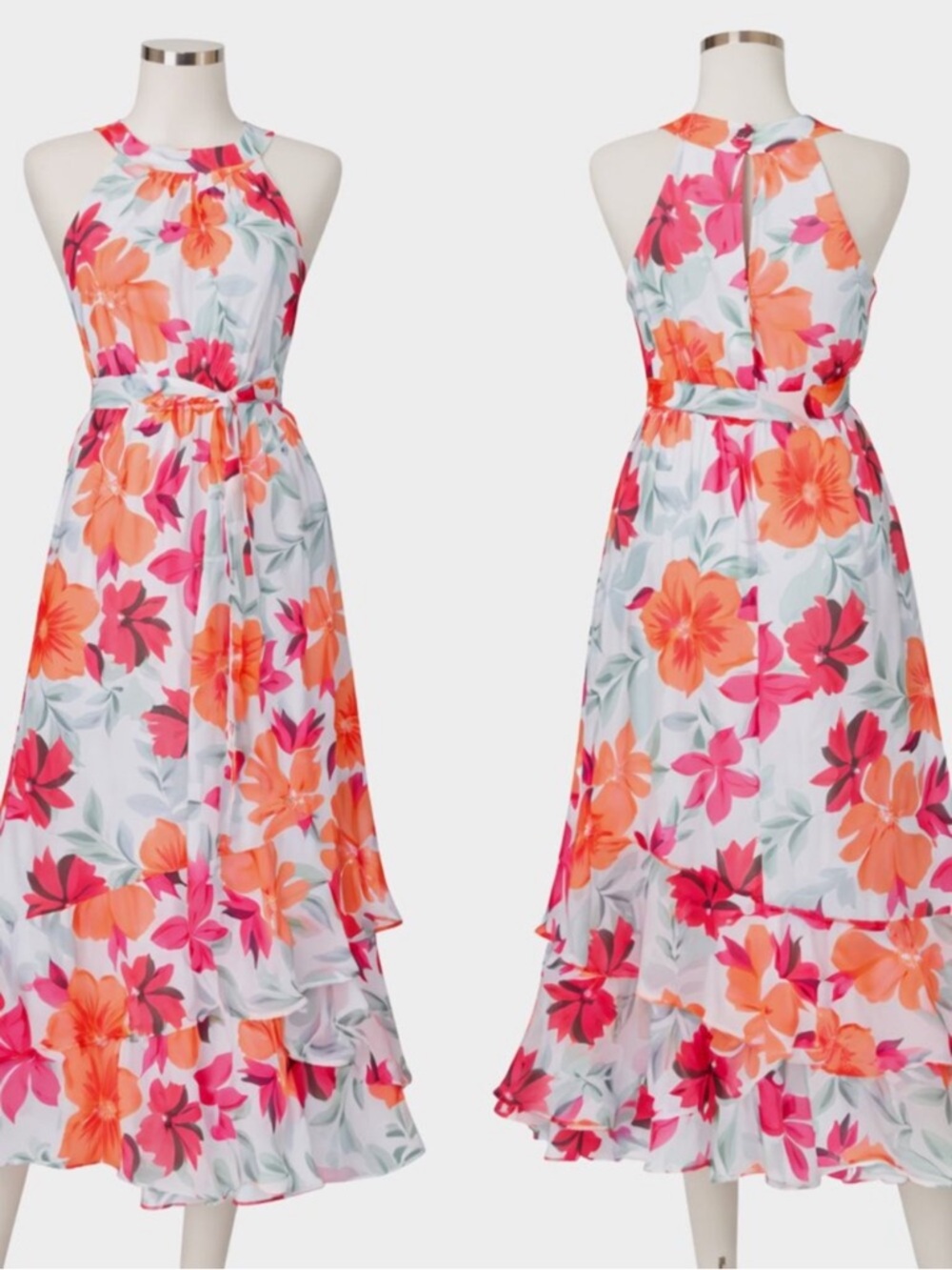 Calvin Klein Floral Halter Midi Dress in Coral and Pink